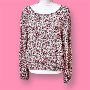 LOFT Pink & White Floral Long sleeved Top Blouse Size M Like New